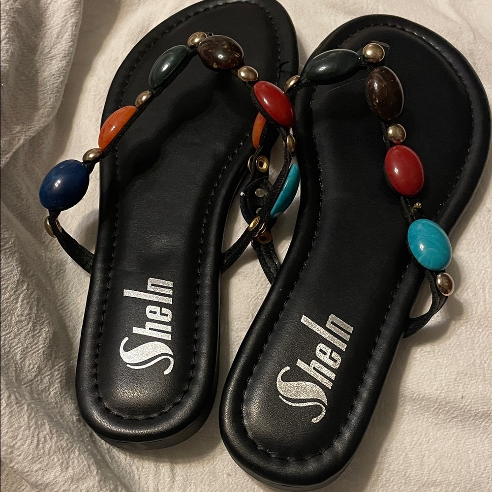 SHELN Black Sandals with Colorful Beads